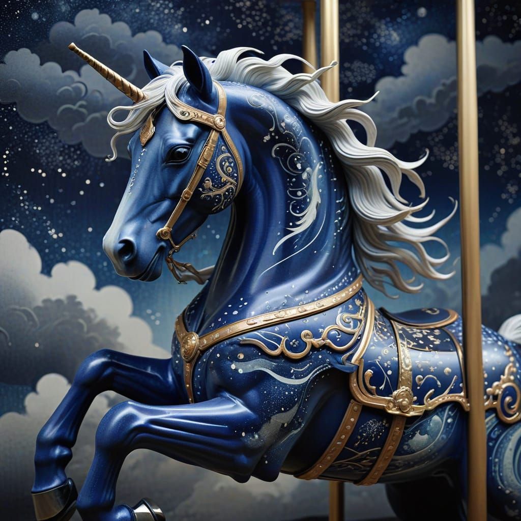 Ukiyo-e Carousel Horse Spirit in Night Sky