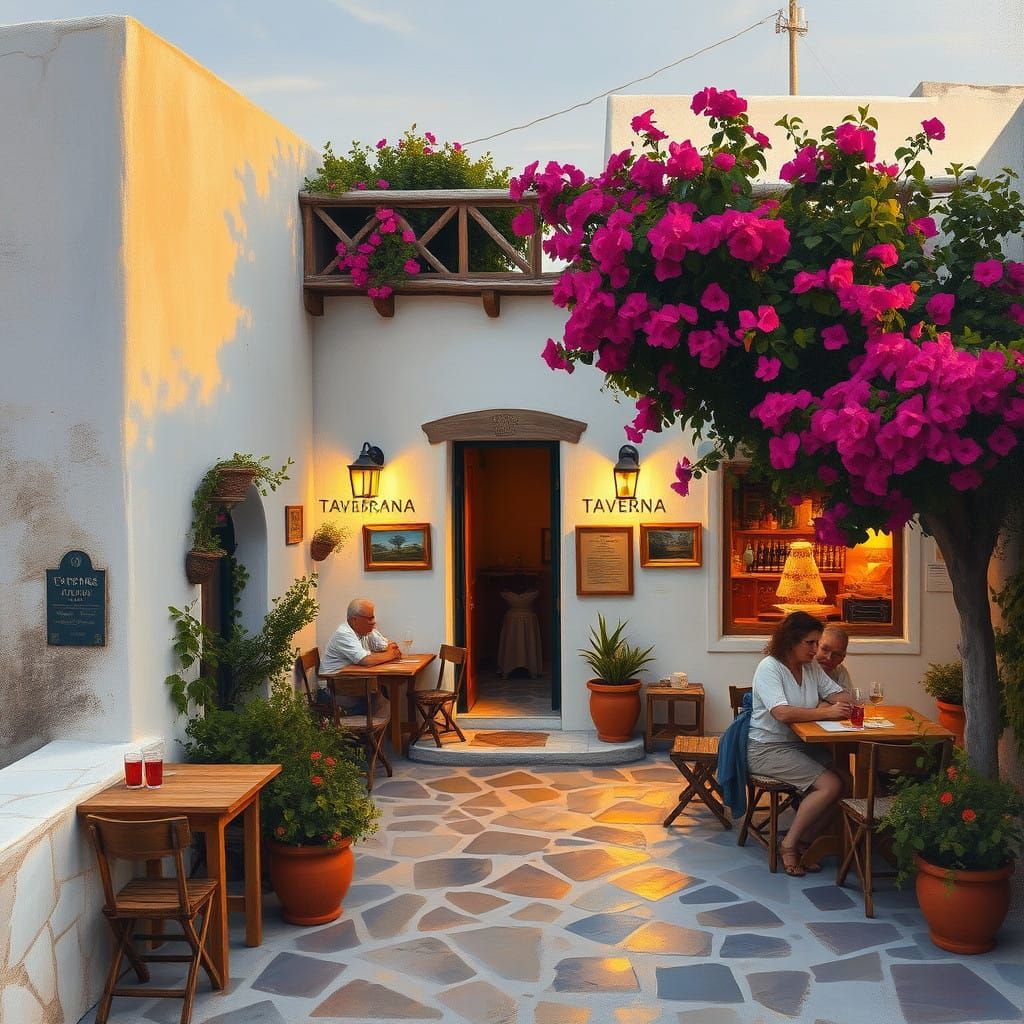 Impressionist Seaside Taverna at Dusk