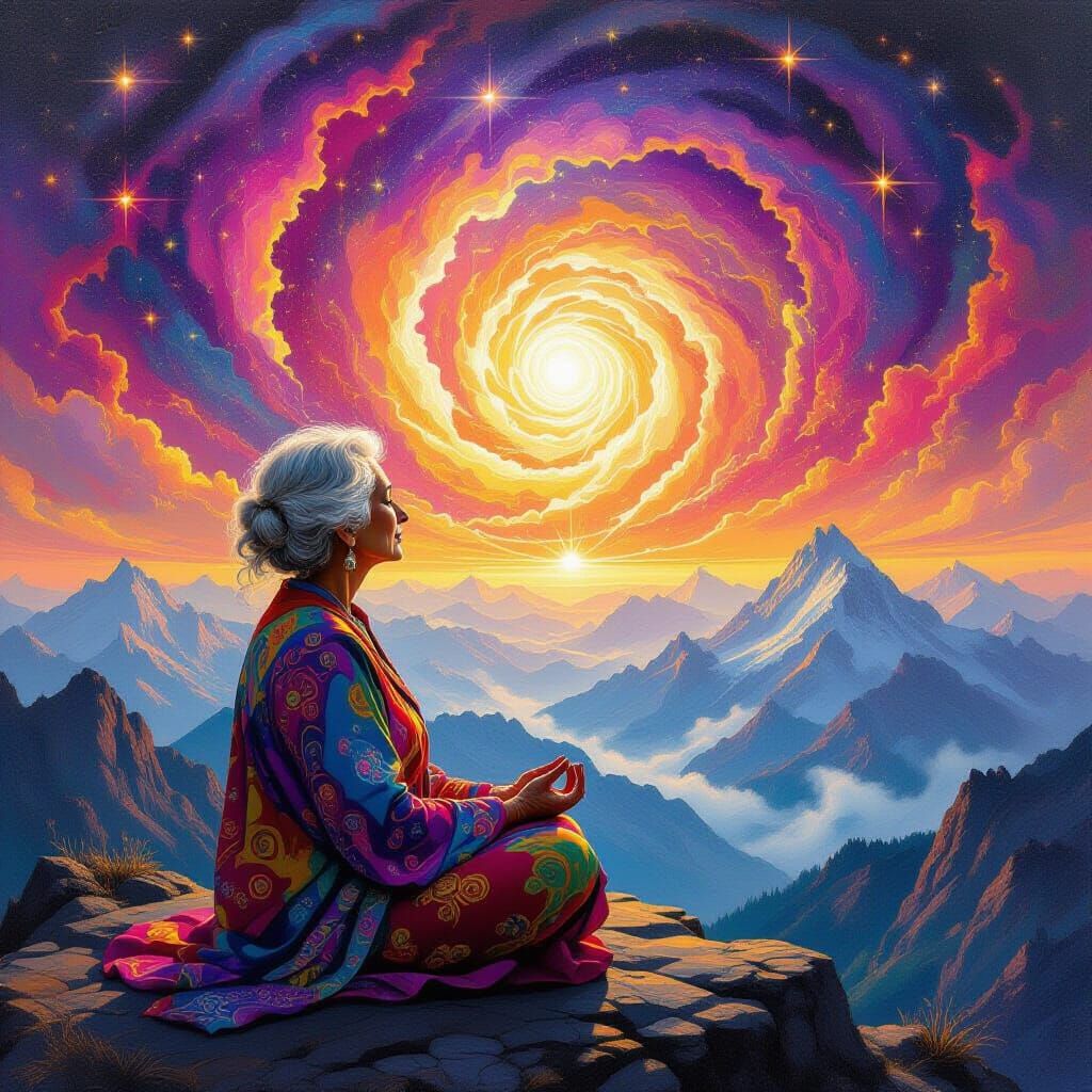 Psychedelic Meditation at Dawn on Mountain Peak