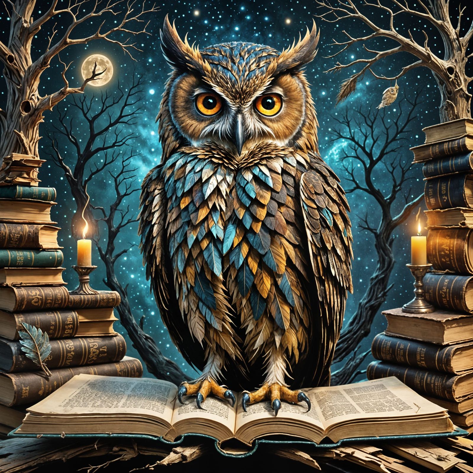 Wise Book Owl in Gothic Surrealism Style