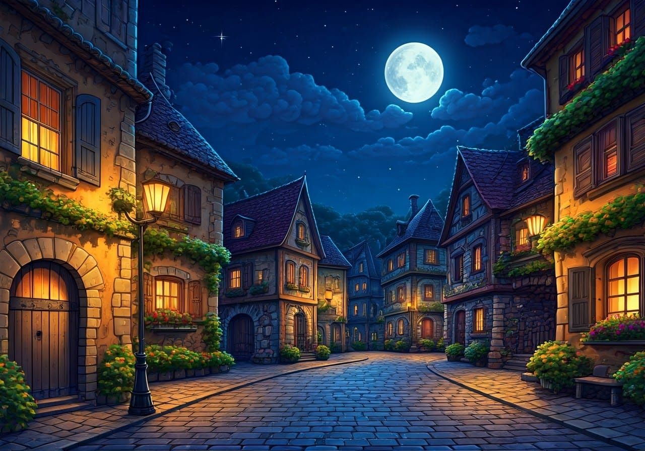 Dreamy Hillside Village Under Starry Night Sky