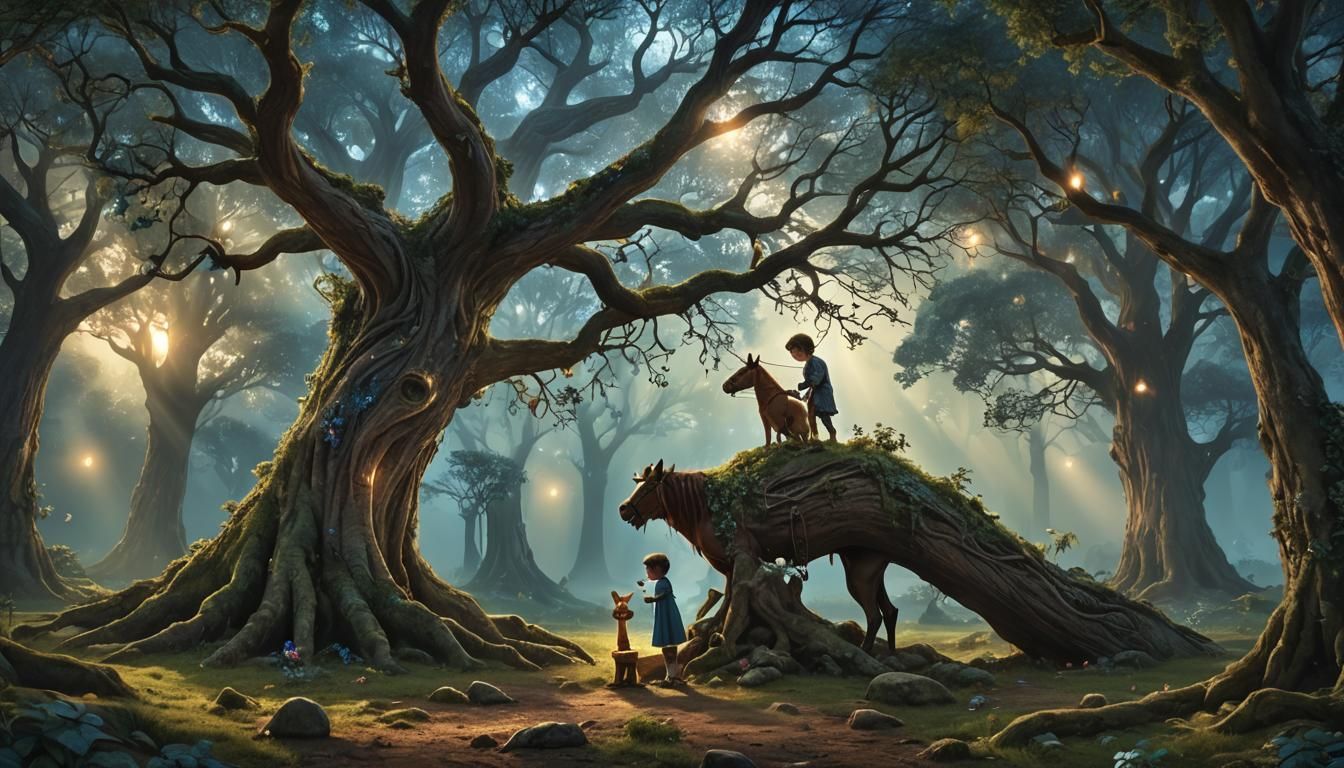 Mystical Fantasy Scene with Baby, Horse and Magical Aura