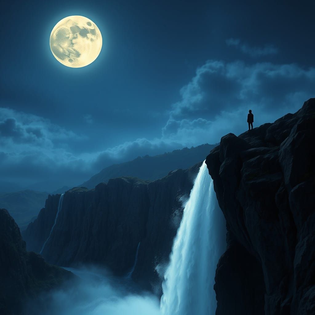 Surreal Moonlit Dreamscape Dominated by a Radiant, Ethereal...