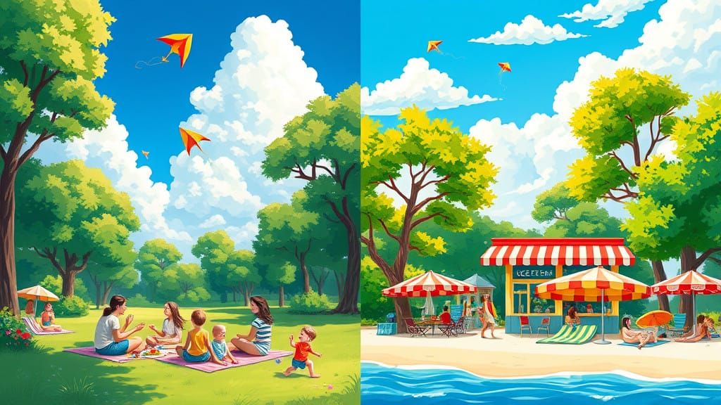 Sunny Park and Beach Scene in Vibrant 2D Illustration Style