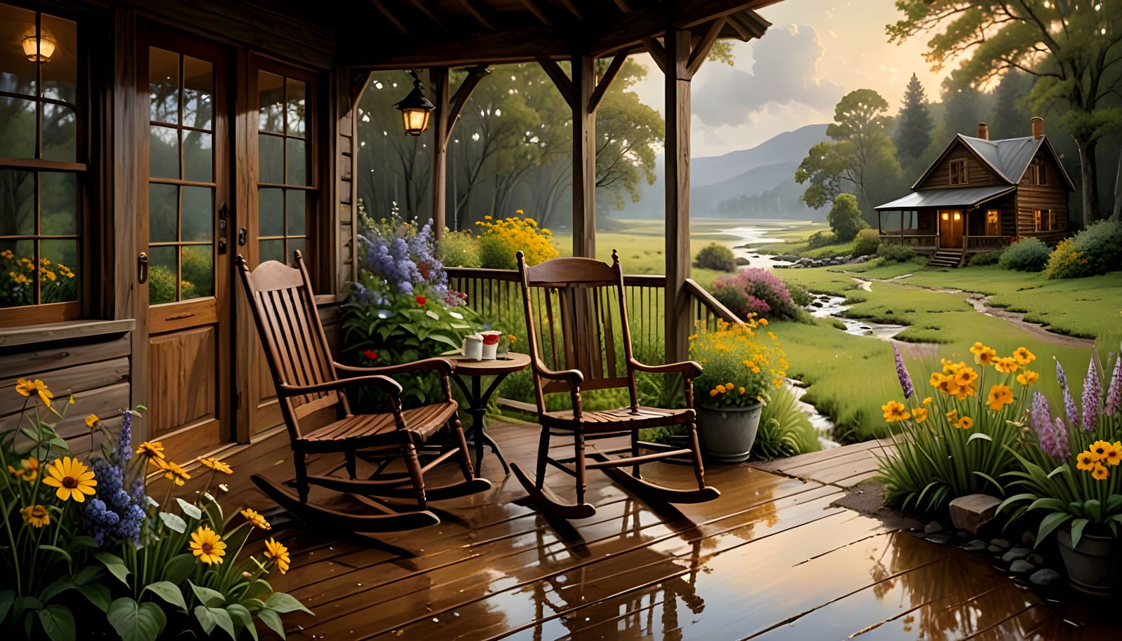 Appalachian Cabin Scene with Rocking Chair as Oil Painting