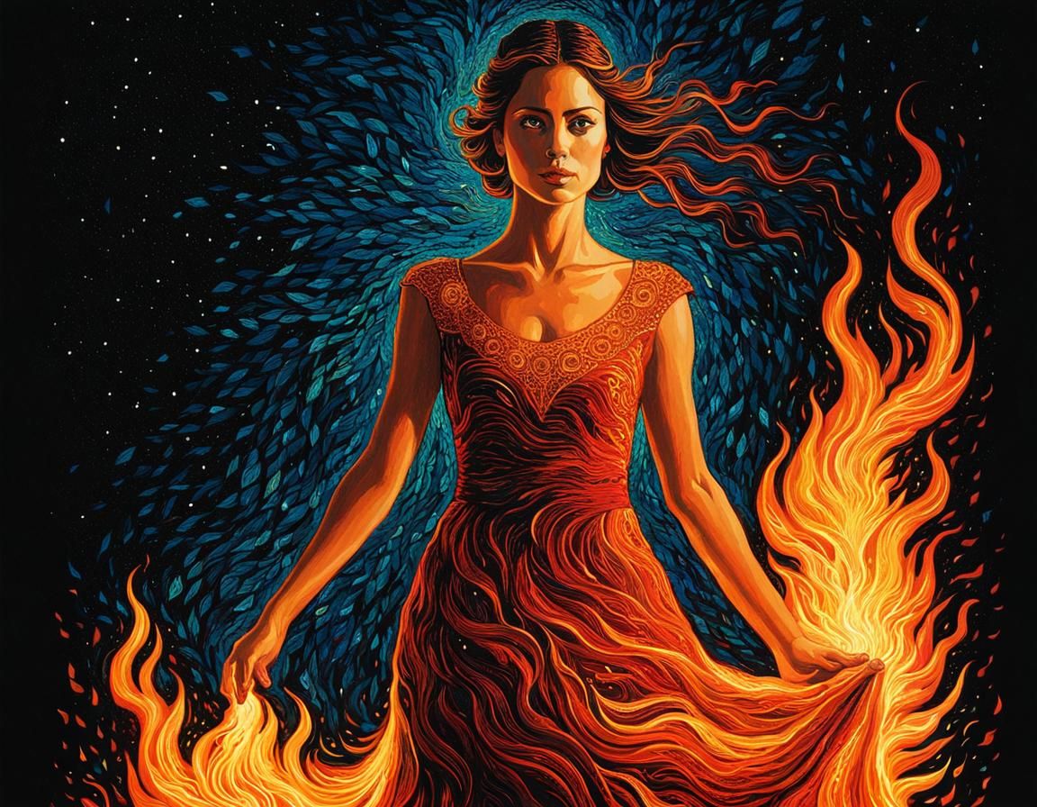 Fiery Dress Portrait in Flowing Line Art Style