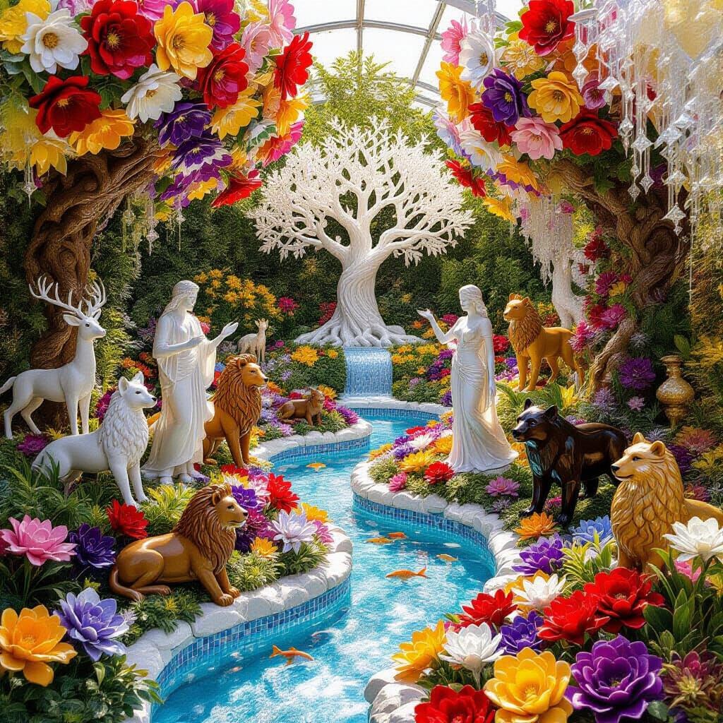 Luminous Ceramic Glass Garden with Surreal Animals and Figur...