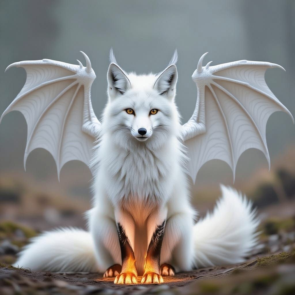 White Fox with Dragon Wings and Fox Tails