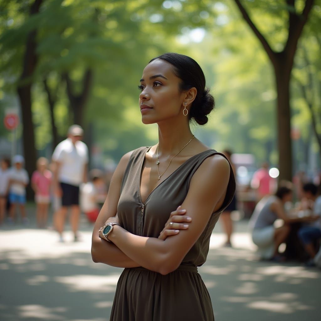 Social Worker in City Park, Photorealistic Image