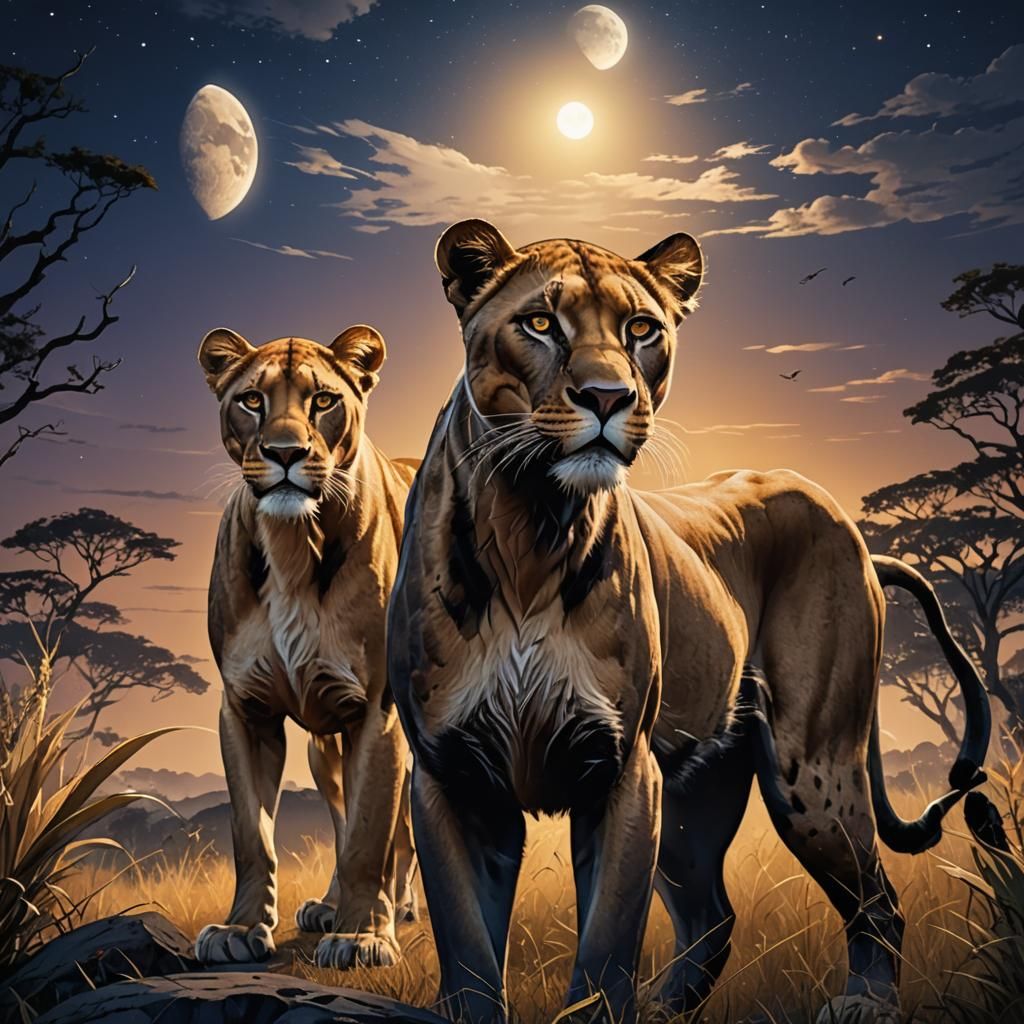 Lioness and Black Panther Hybrid in Anime Style