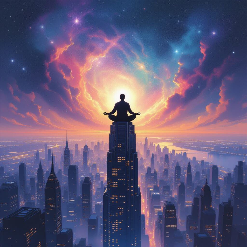 Cosmic Nebula Meditation on Thin Skyscraper