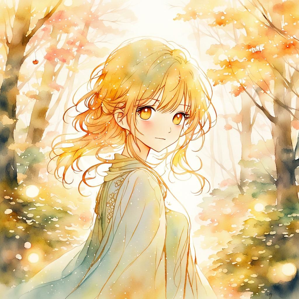 Watercolor Anime Portrait of Girl in Forest