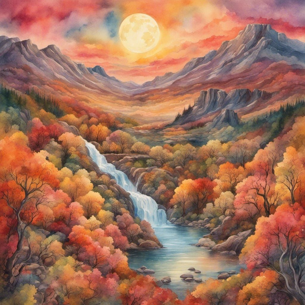 Autumn Valley Sunset: Whimsical Watercolor Moonscape