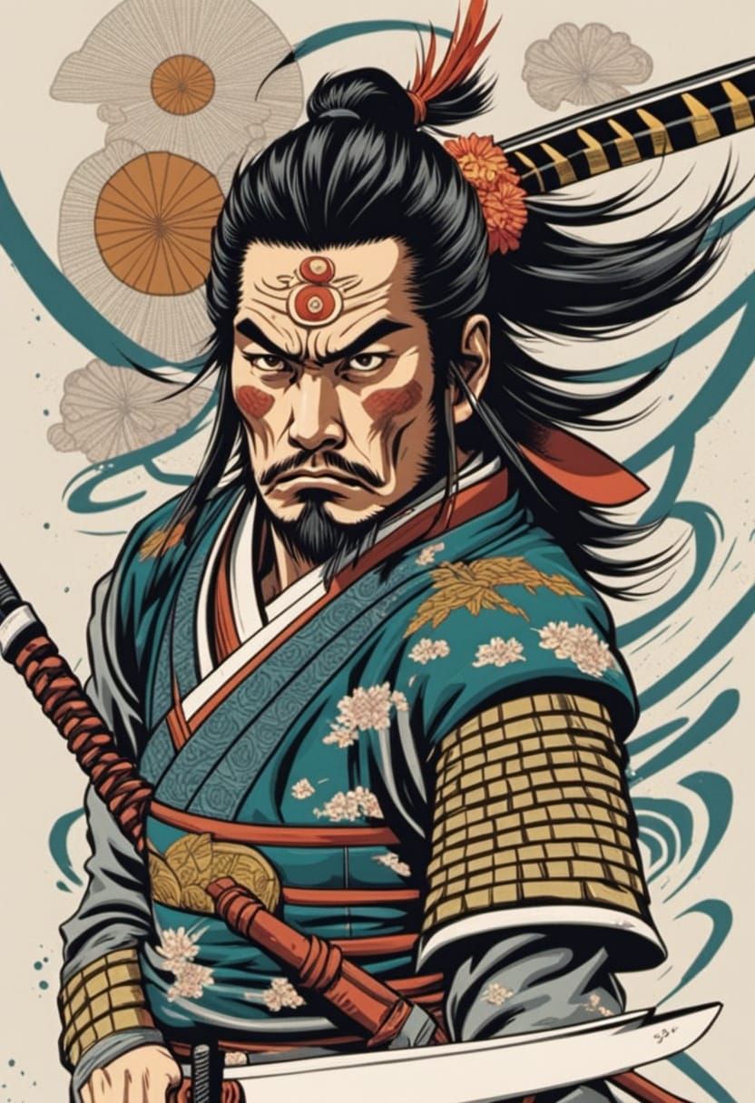 Neo Traditional Samurai Warrior Attacking with Katana