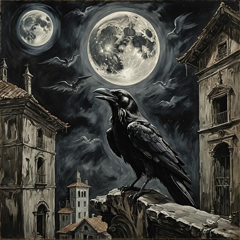 Raven Howling at Moonlit Haunted House