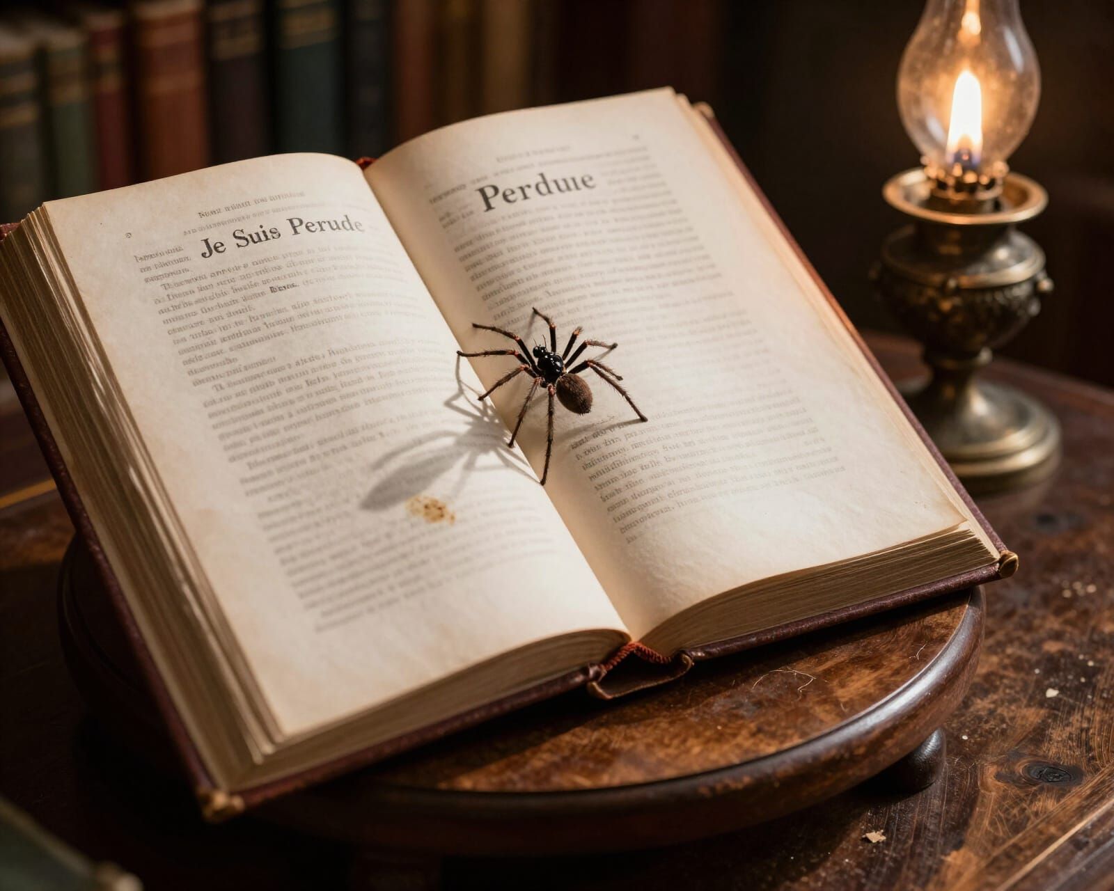 Antique French Book in Shadowy Library