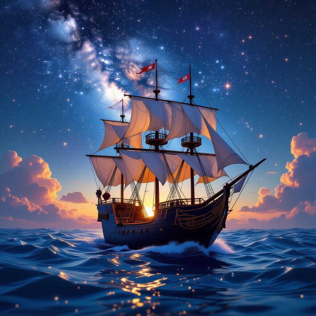 Stardust Galleon Under Galaxy Night Sky
