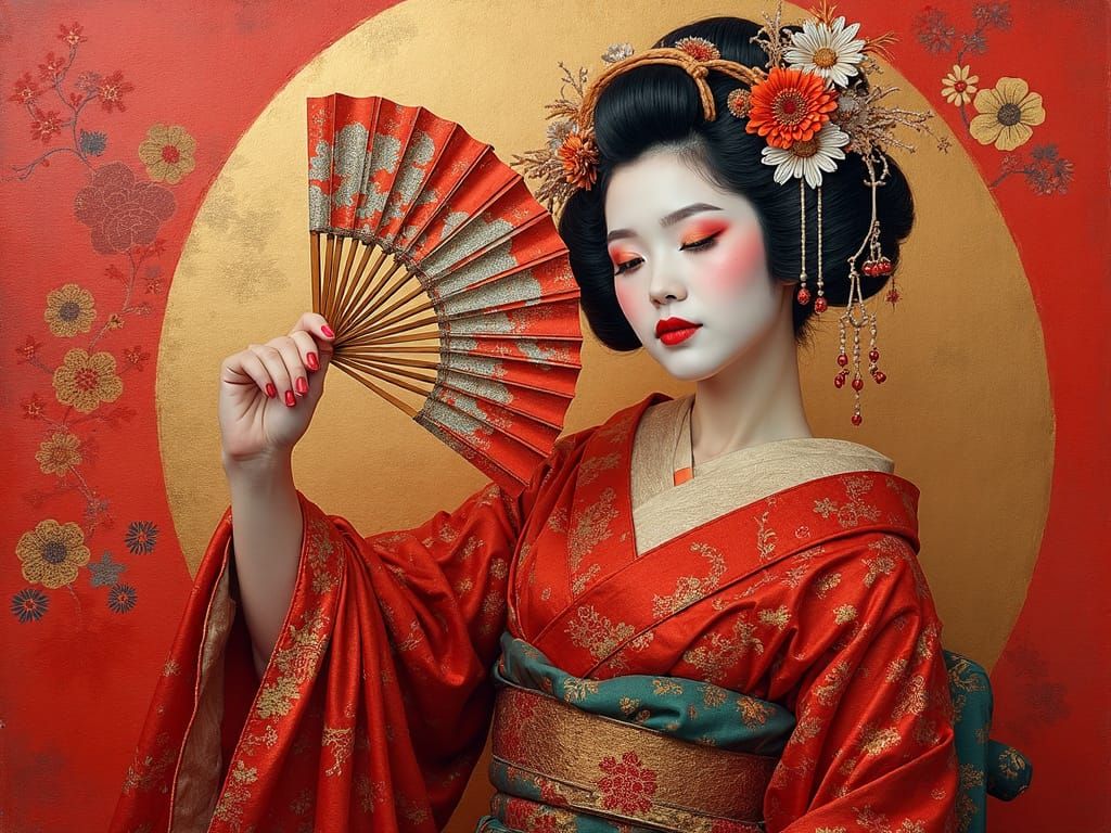 Geisha in Red and Gold Robe with Fan