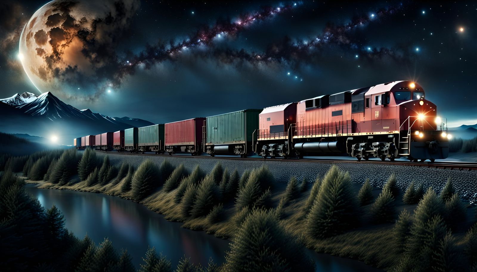 Freight Train at Night: Epic Cinematic Digital Painting