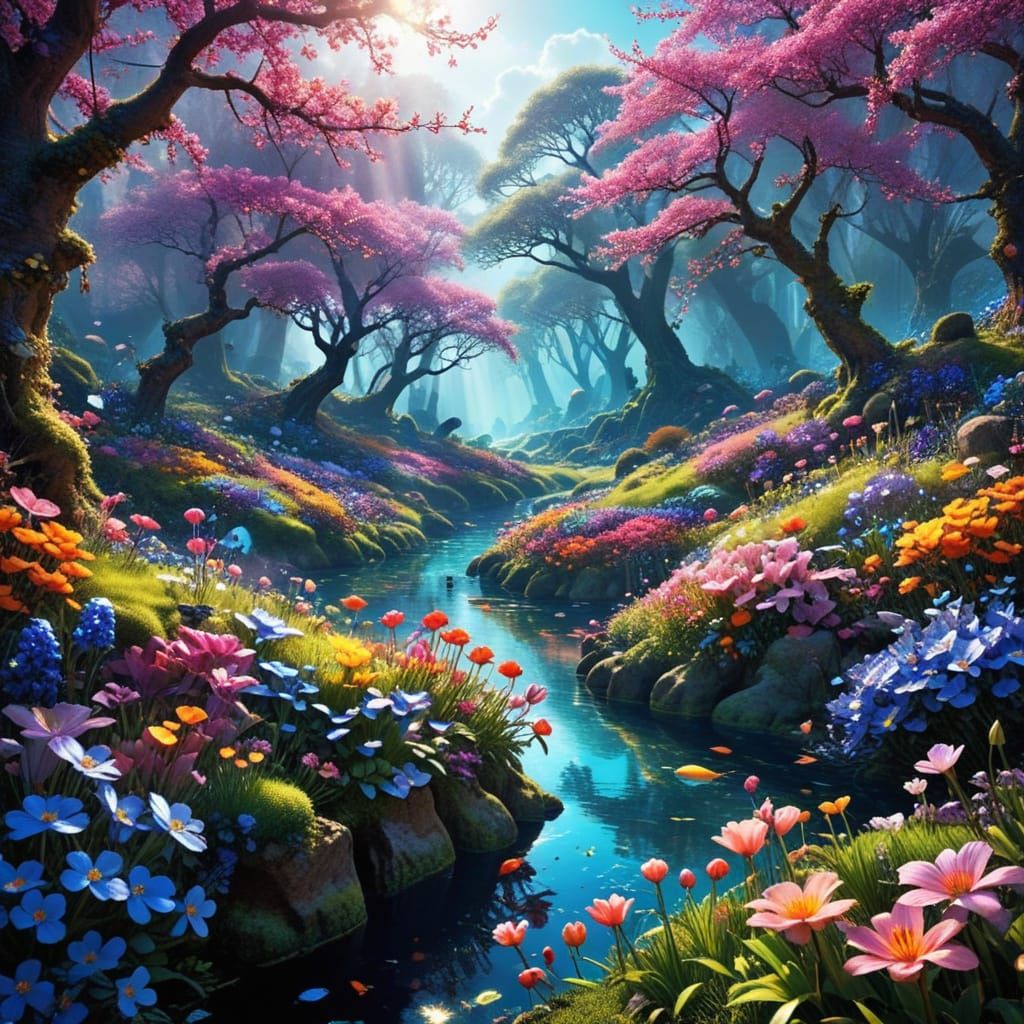 Vibrant Floral Utopia in a Mystical Spring World