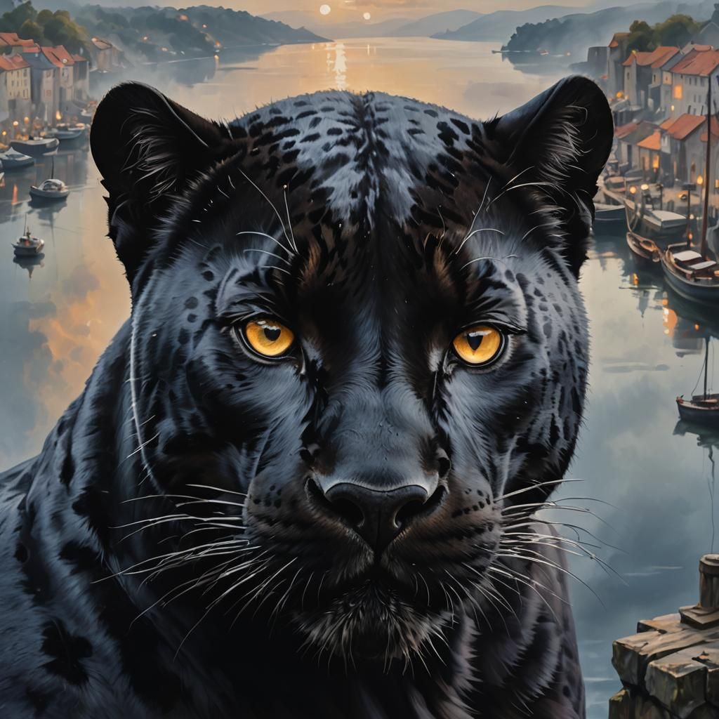 Black Panther Overlooking Harbor in Romantic Painting Style