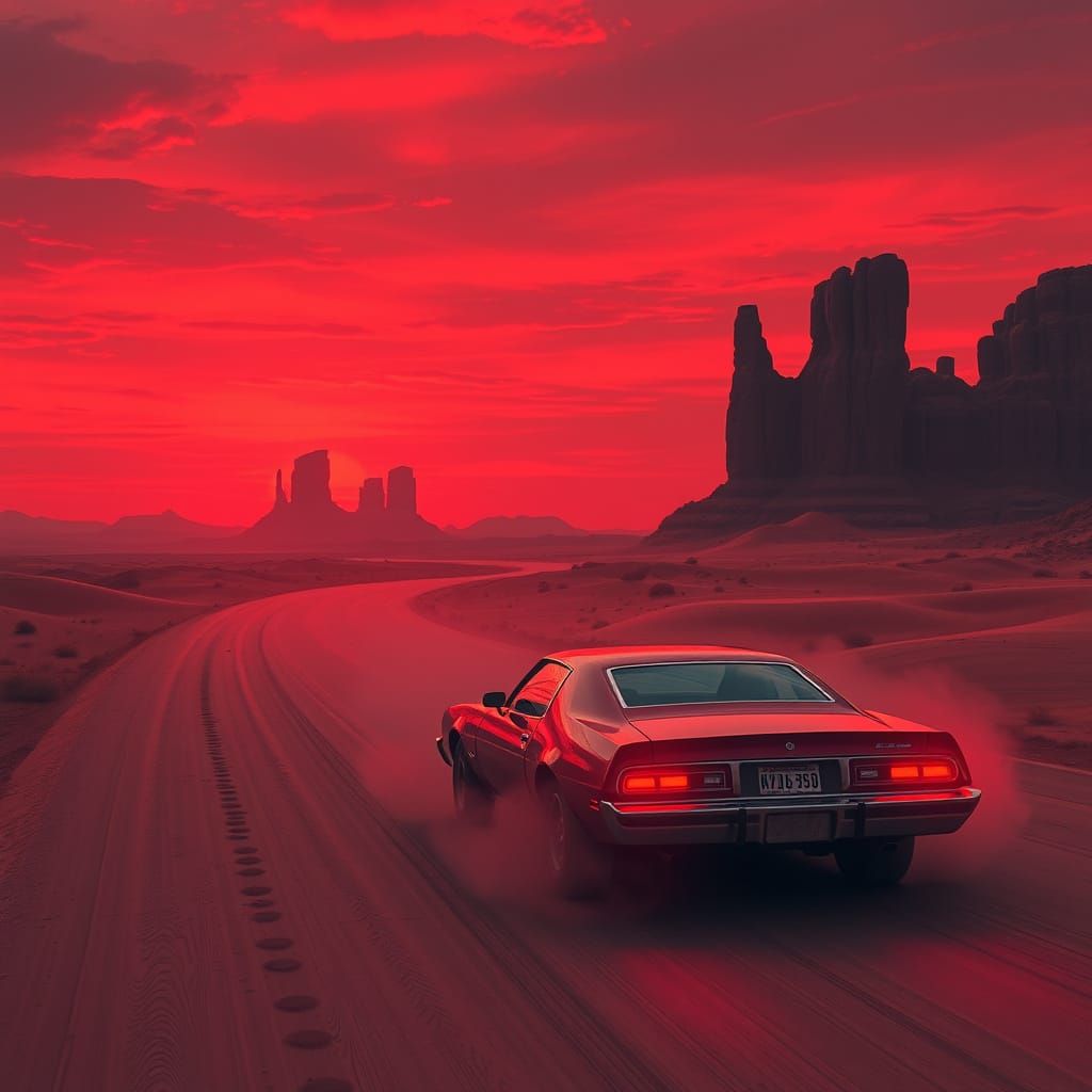 Red Car in Red Desert Sunset, Retro-Futuristic Style