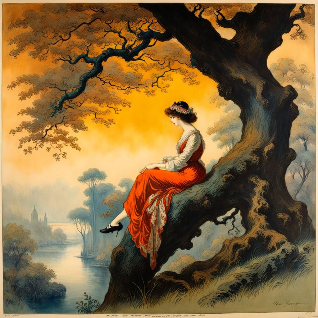 Girl in Tree: Vintage Etching Style