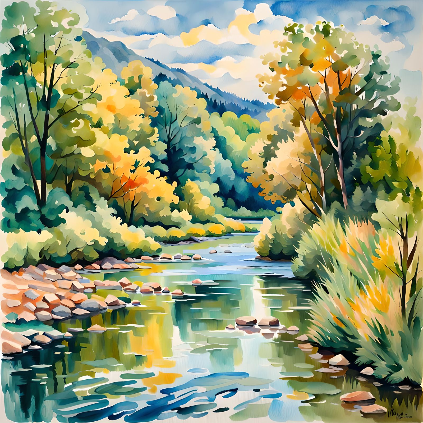 Impressionist River Landscape in Gouache Style