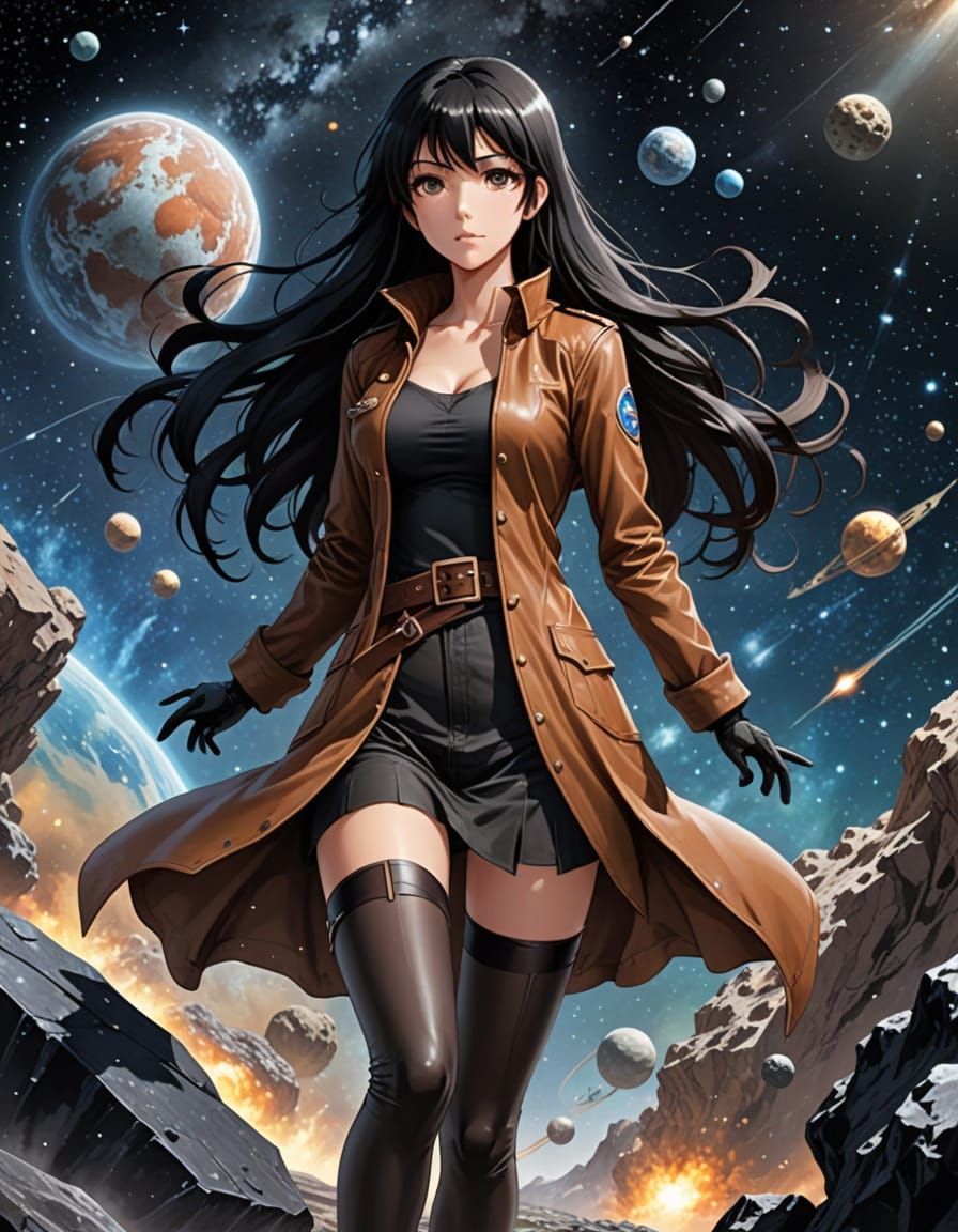 Anime Heroine on Asteroid Among Galaxies