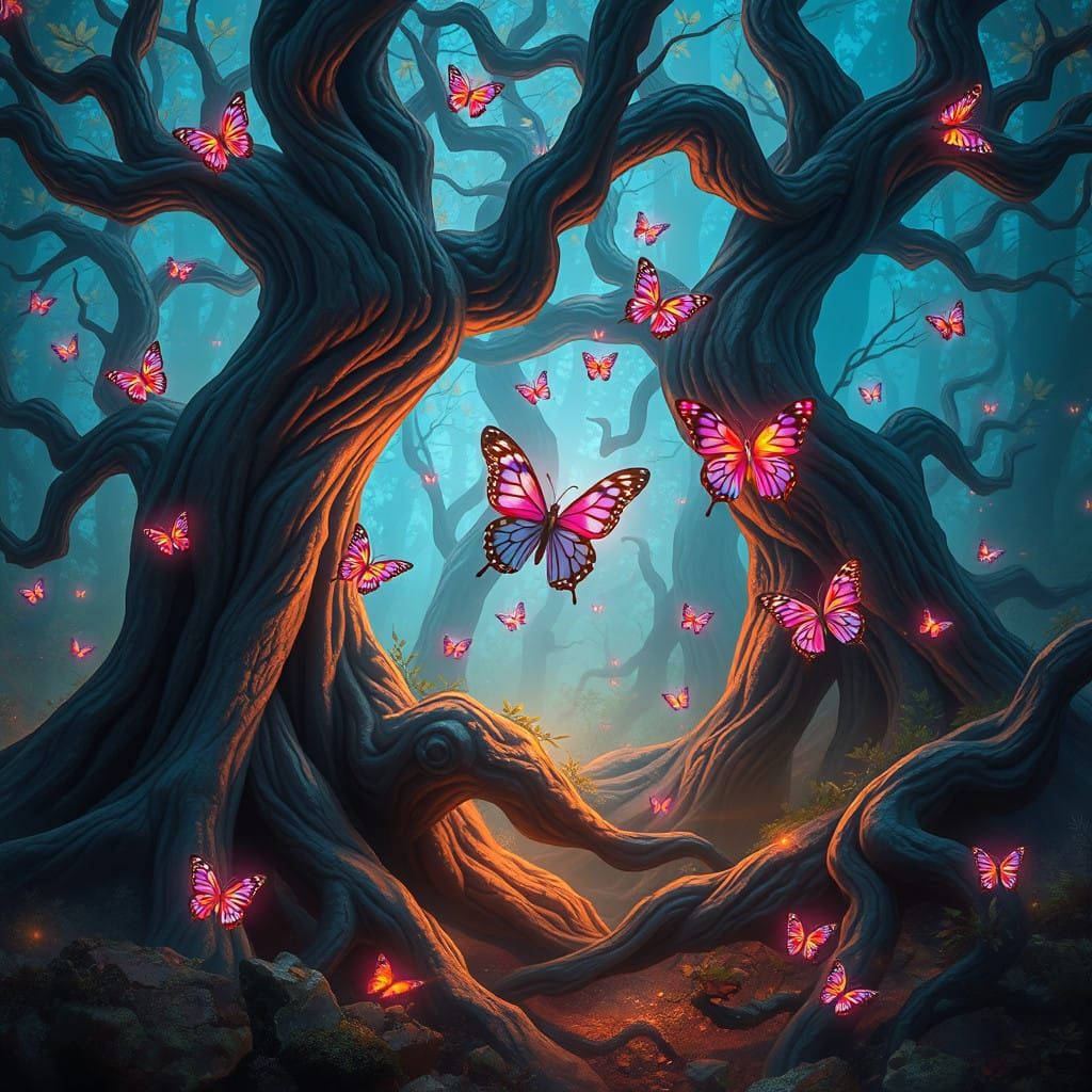 Whimsical Butterflies Dance Among Ancient Forest Trees