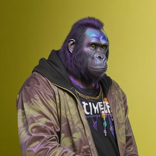 purple skin ape, MVA hoodie, military jacket, green background, golden necklace