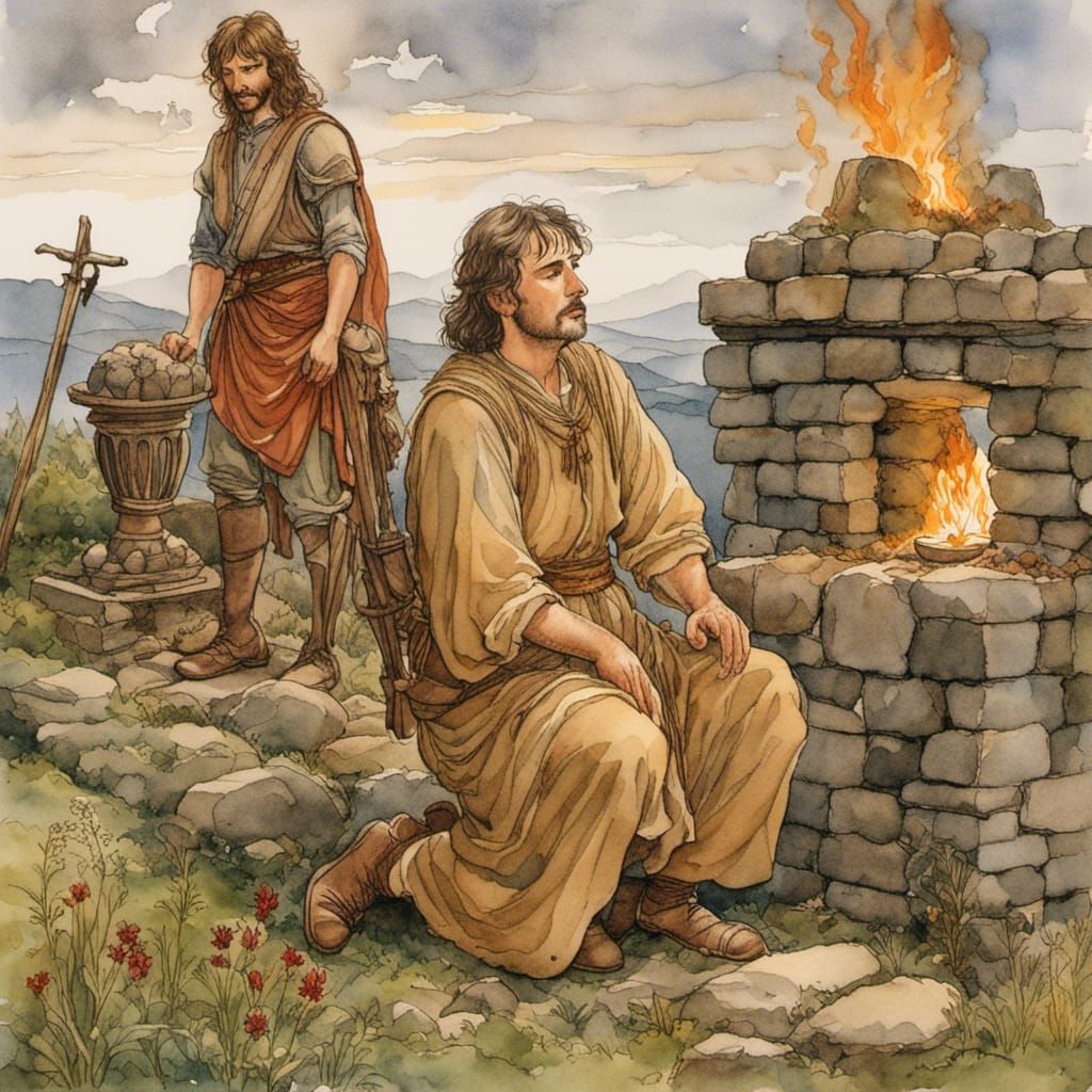 Biblical Scene: Man Kneeling at Stone Altar