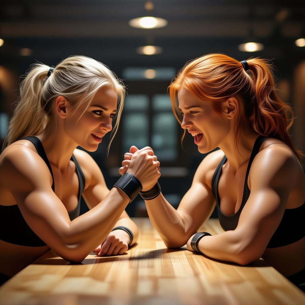 Fit Blonde and Ginger Girls Arm Wrestling in Dramatic Lighti...