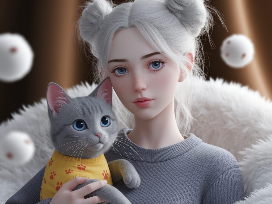 Whimsical Anime-Inspired Portrait of a Young Woman with Her ...