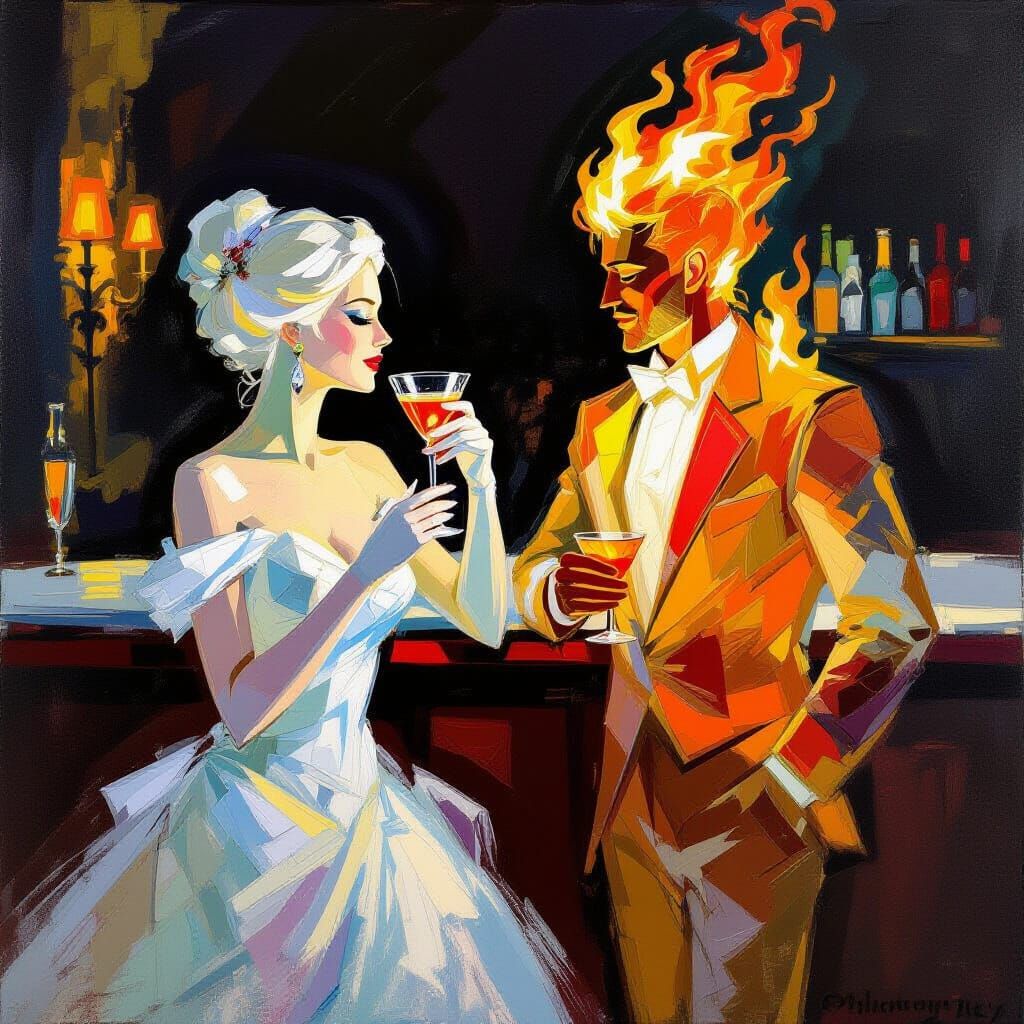 Ice Sculpture Woman and Fiery Man in Monet-Renoir Style