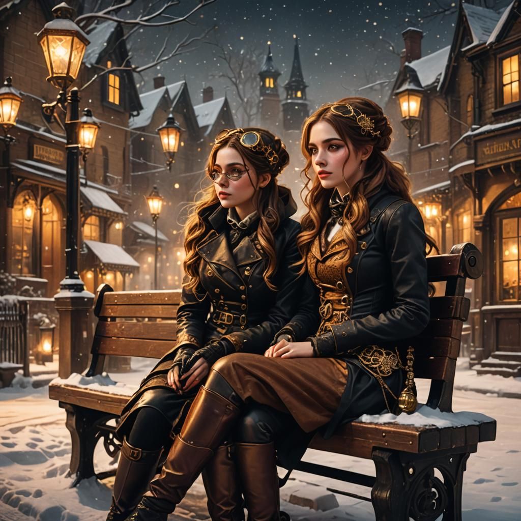 Steampunk Girls in Victorian Village at Night