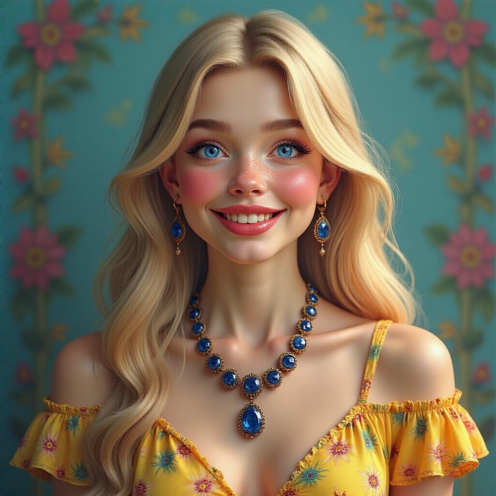 Smiling Blonde Woman with Sapphire Jewelry