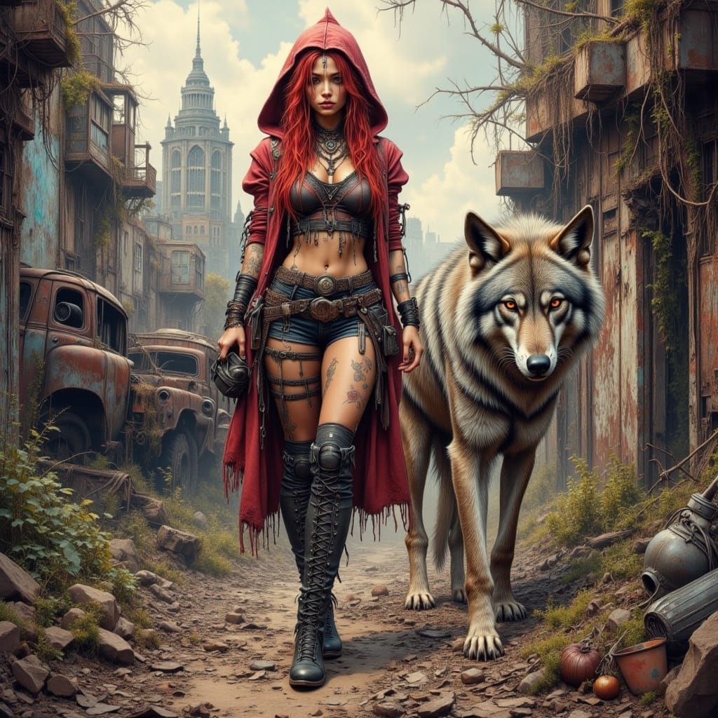 Little Red Riding Hood in Dystopian Sci-Fi Landscape
