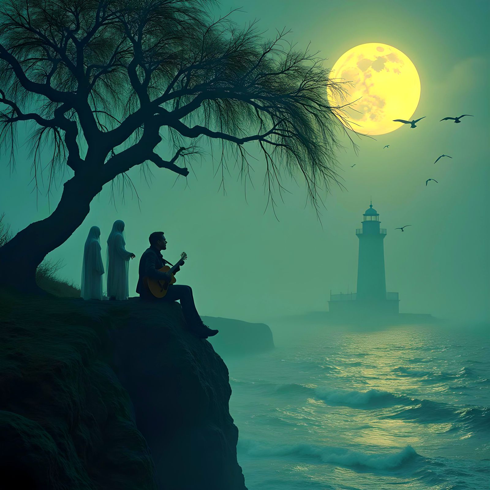 Lone Guitarist Cliffside Serenade Under Moonlight