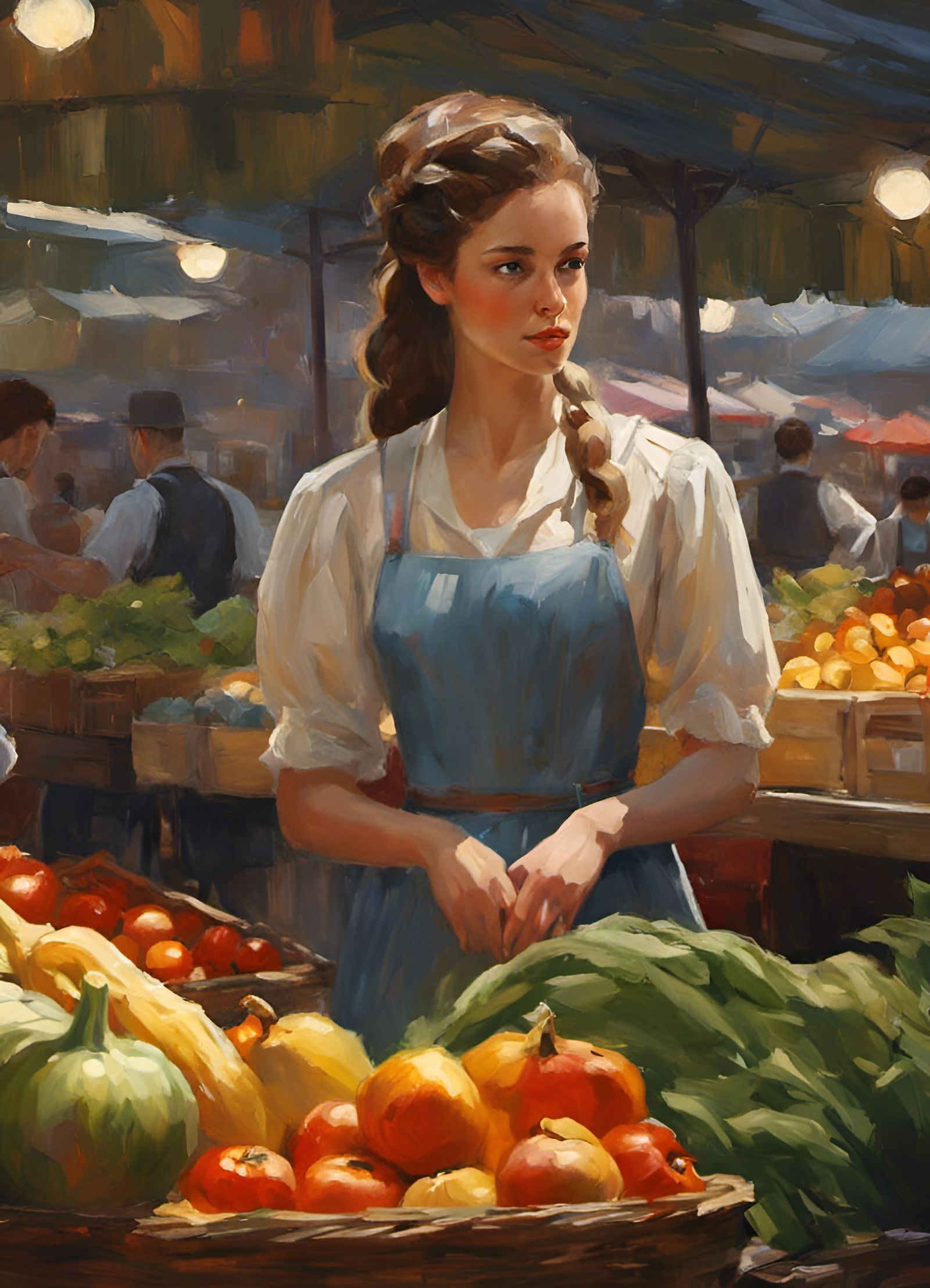 Servant Girl Shopping: Detailed Mixed-Media Painting