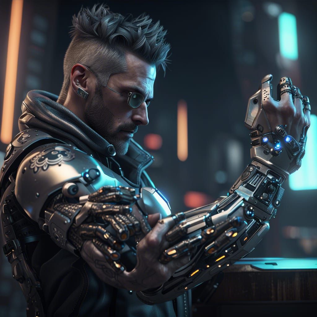 Cyberpunk Man with Silver Arm in 3D Cinematic Style