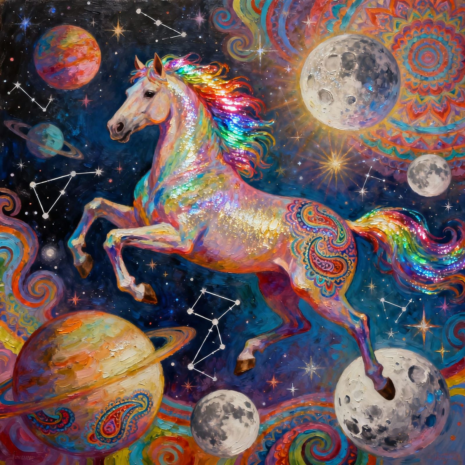 Majestic Rainbow Horse Leaping Through Cosmic Dreamscape