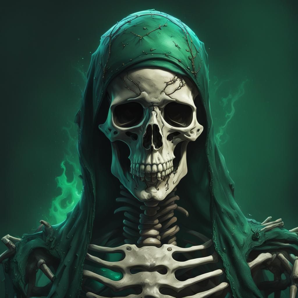 Dark Green Necromancer Skeleton in Hyperrealistic Style