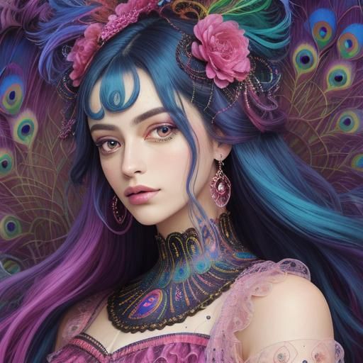 Magenta Peacock Feather Haired Woman: Impressionist Digital ...