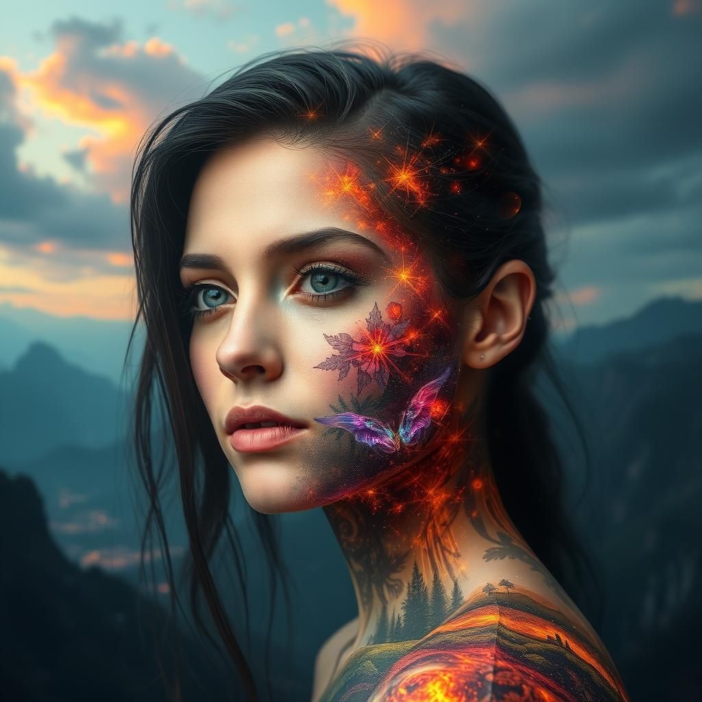 Luminescent Biometric Woman in Fantasy Landscape