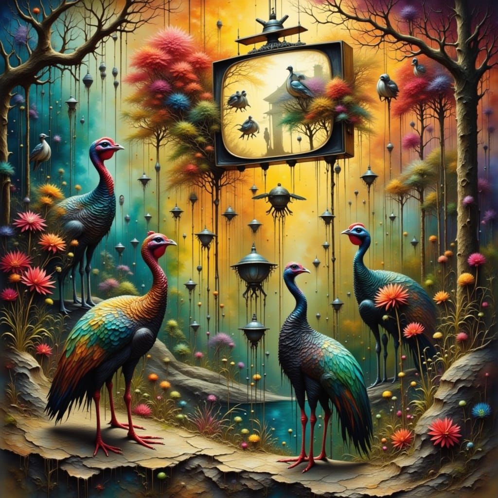 Surreal Art: Turkeys Startled by TV Turtles