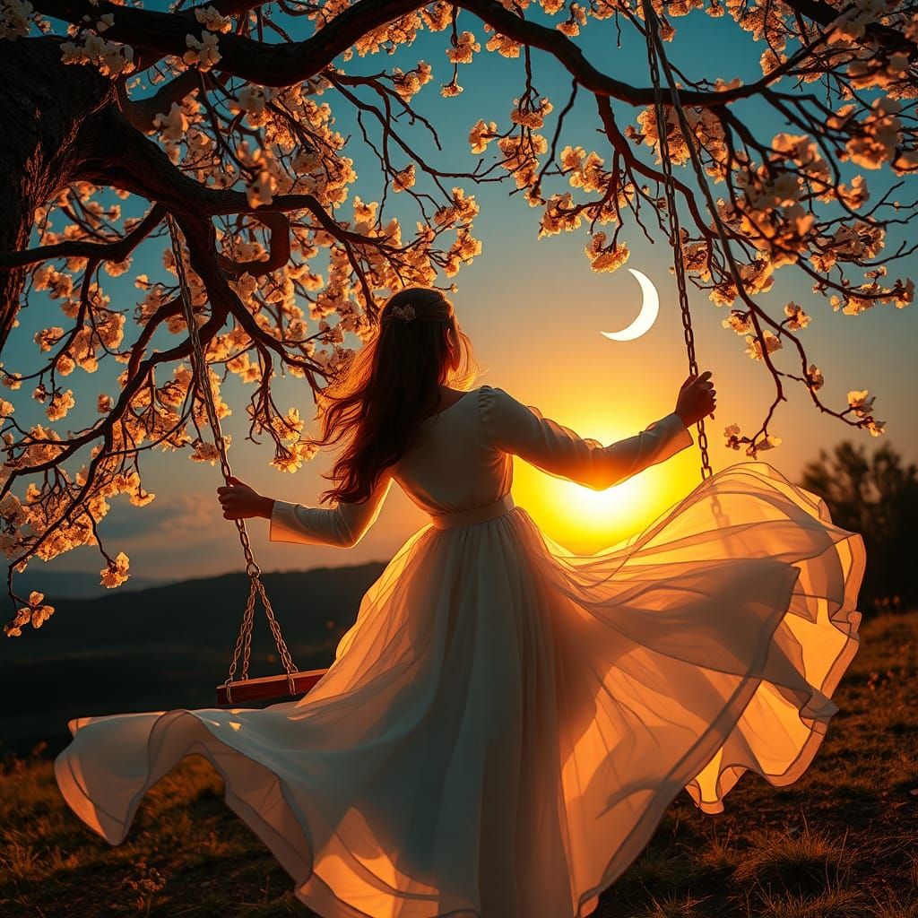 Woman on Bioluminescent Swing at Sunset