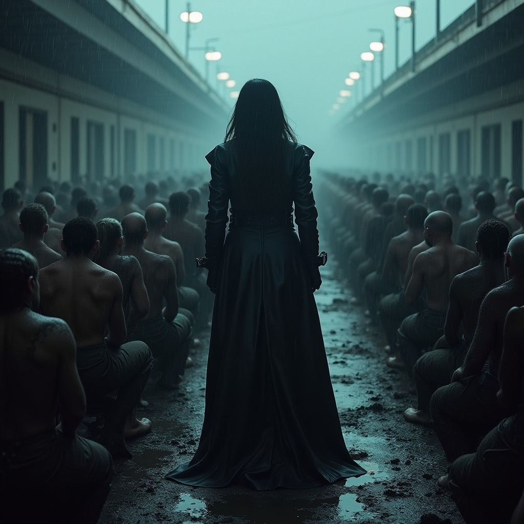 Authoritative Figure Addresses Kneeling Inmates in Prison Ya...