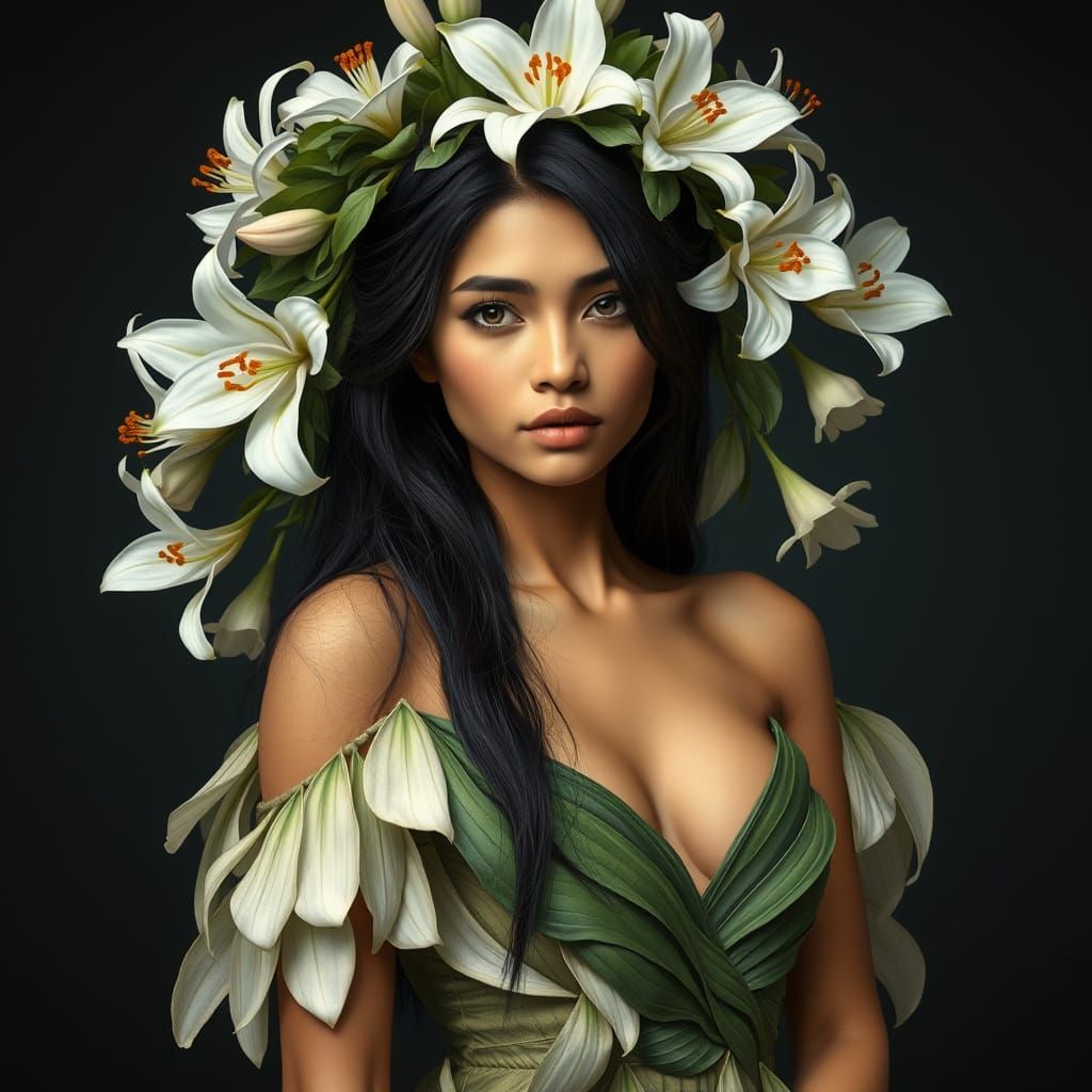 Nepalese Beauty with Lily Crown, Ethereal Portrait