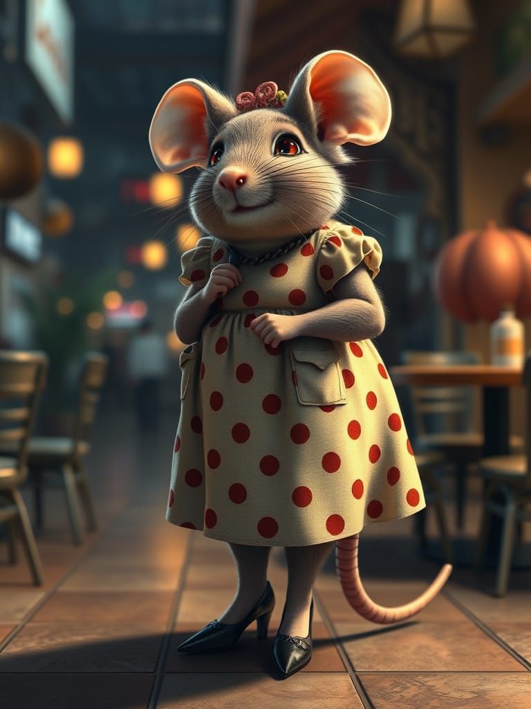 Mouse Portrait in Polka Dress, Detailed 8K Art